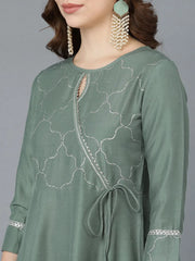 Women Teal Poly Silk Embroidered Kurta Trousers With Dupatta