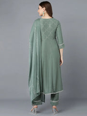 Women Teal Poly Silk Embroidered Kurta Trousers With Dupatta