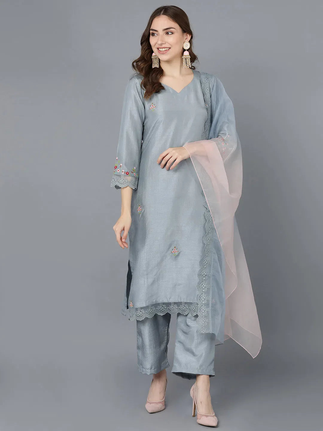 Grey Embroidered Kurta Set with Dupatta- Women Indian Kurta Collection
