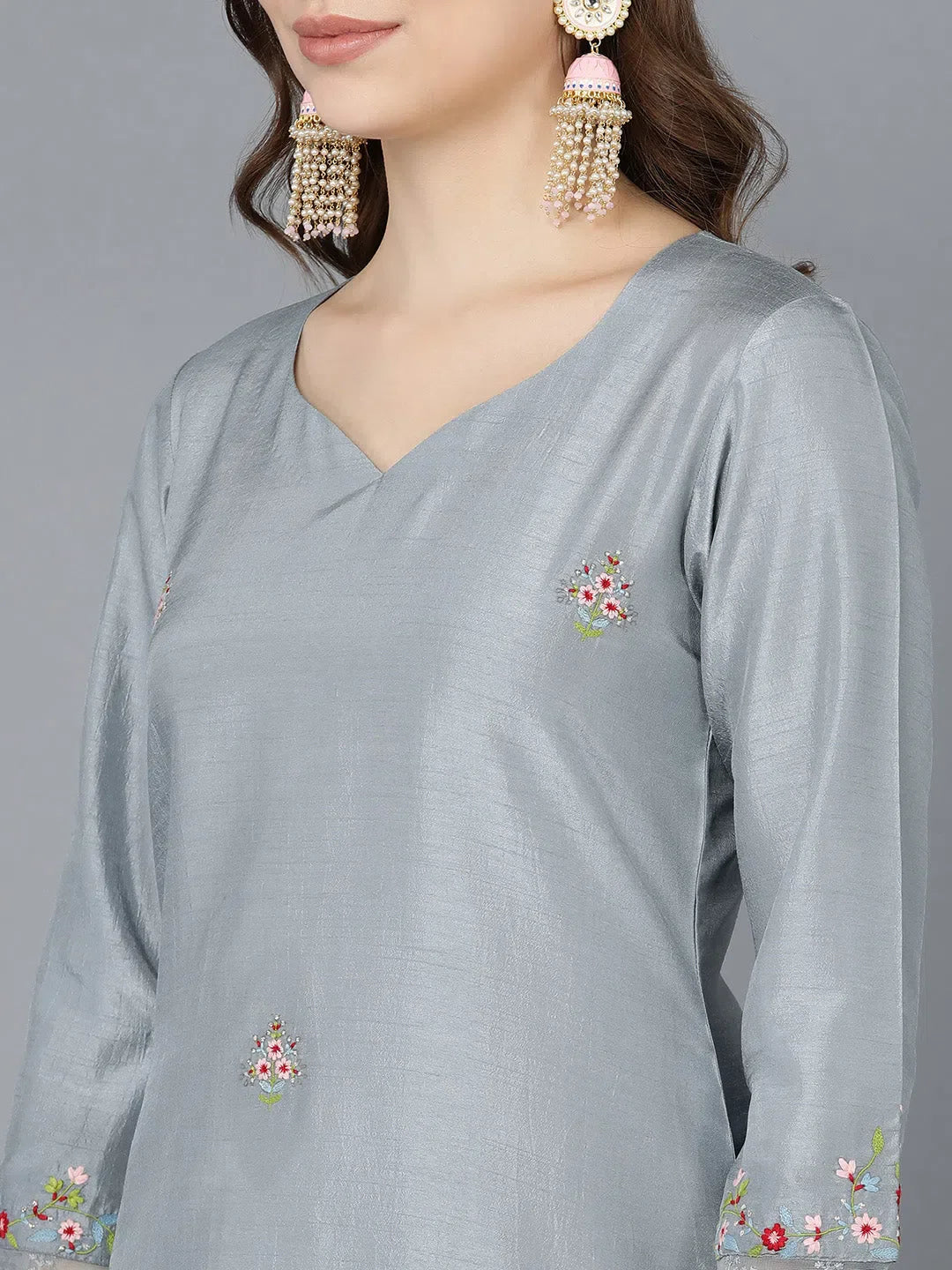 Grey Embroidered Kurta Set with Dupatta- Women Indian Kurta Collection