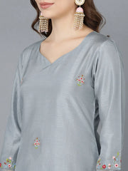 Women Grey Poly Silk Embroidered Kurta Trousers With Dupatta 1