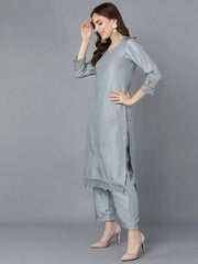 Women Grey Poly Silk Embroidered Kurta Trousers With Dupatta 1