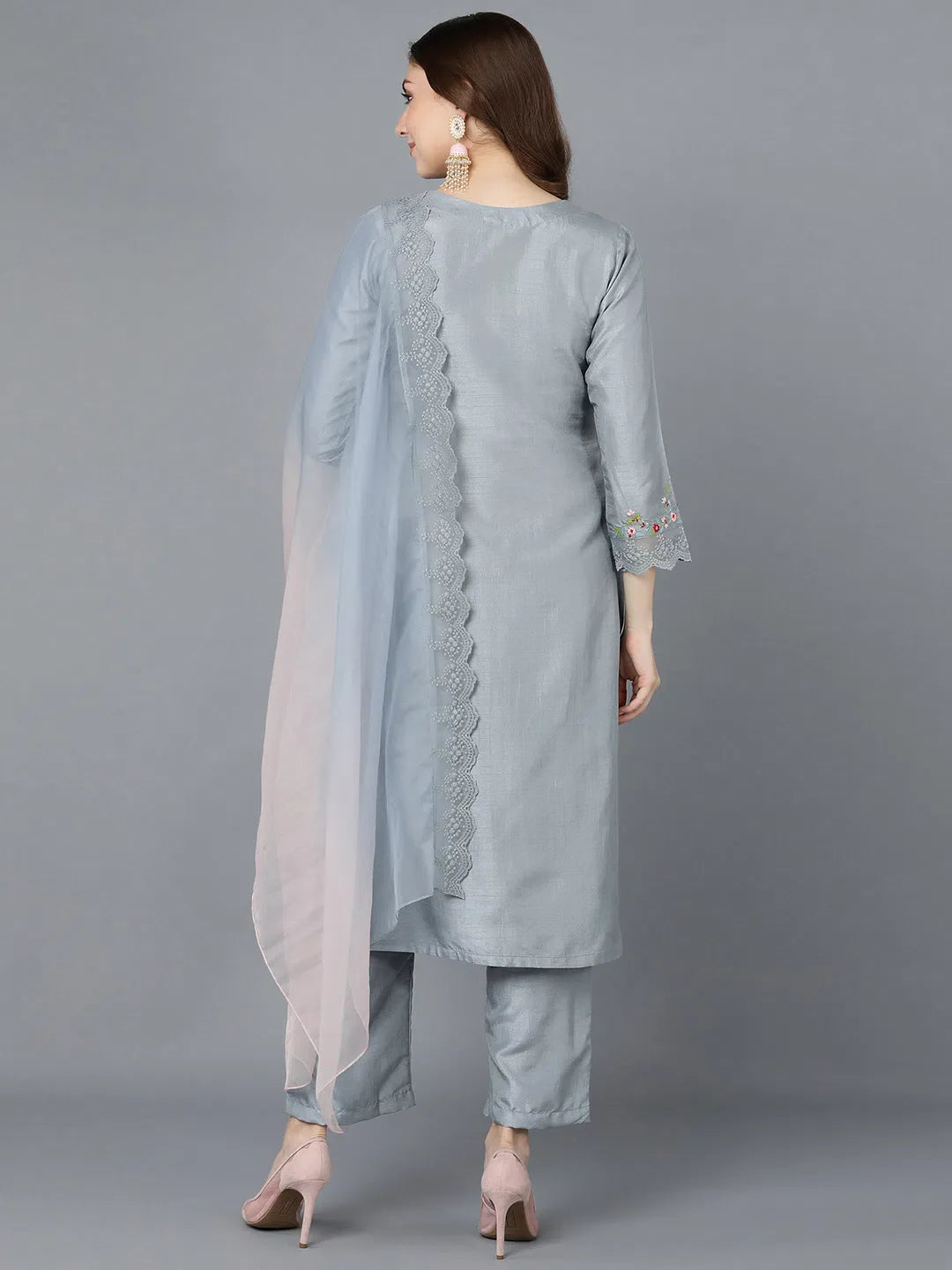 Grey Embroidered Kurta Set with Dupatta- Women Indian Kurta Collection
