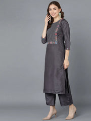 Women Grey Poly Silk Embroidered Kurta Trousers With Dupatta 2