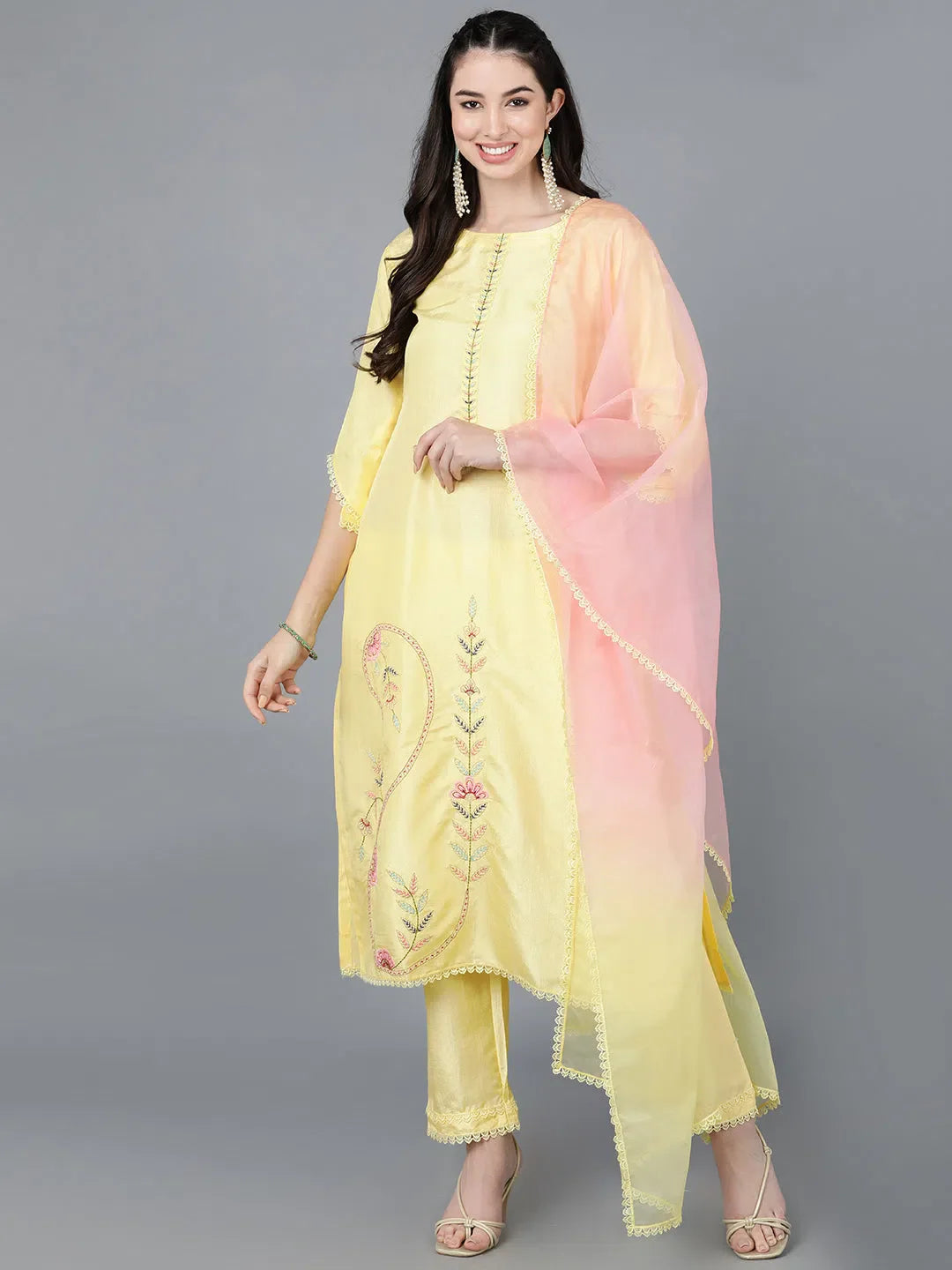 Yellow Embroidered Kurta Set with Dupatta | Designer Kurta Sets