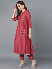 Women Red Poly Silk Embroidered Kurta Trousers With Dupatta