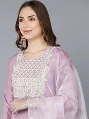 Women Lavender Embroidered Kurta Trousers With Dupatta 3