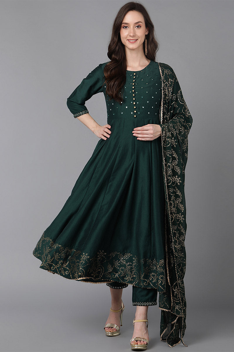  Women Green Poly Silk Ethnic Motifs Solid Kurta PKSKD1571