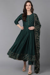  Women Green Poly Silk Ethnic Motifs Solid Kurta Trousers With Dupatta 