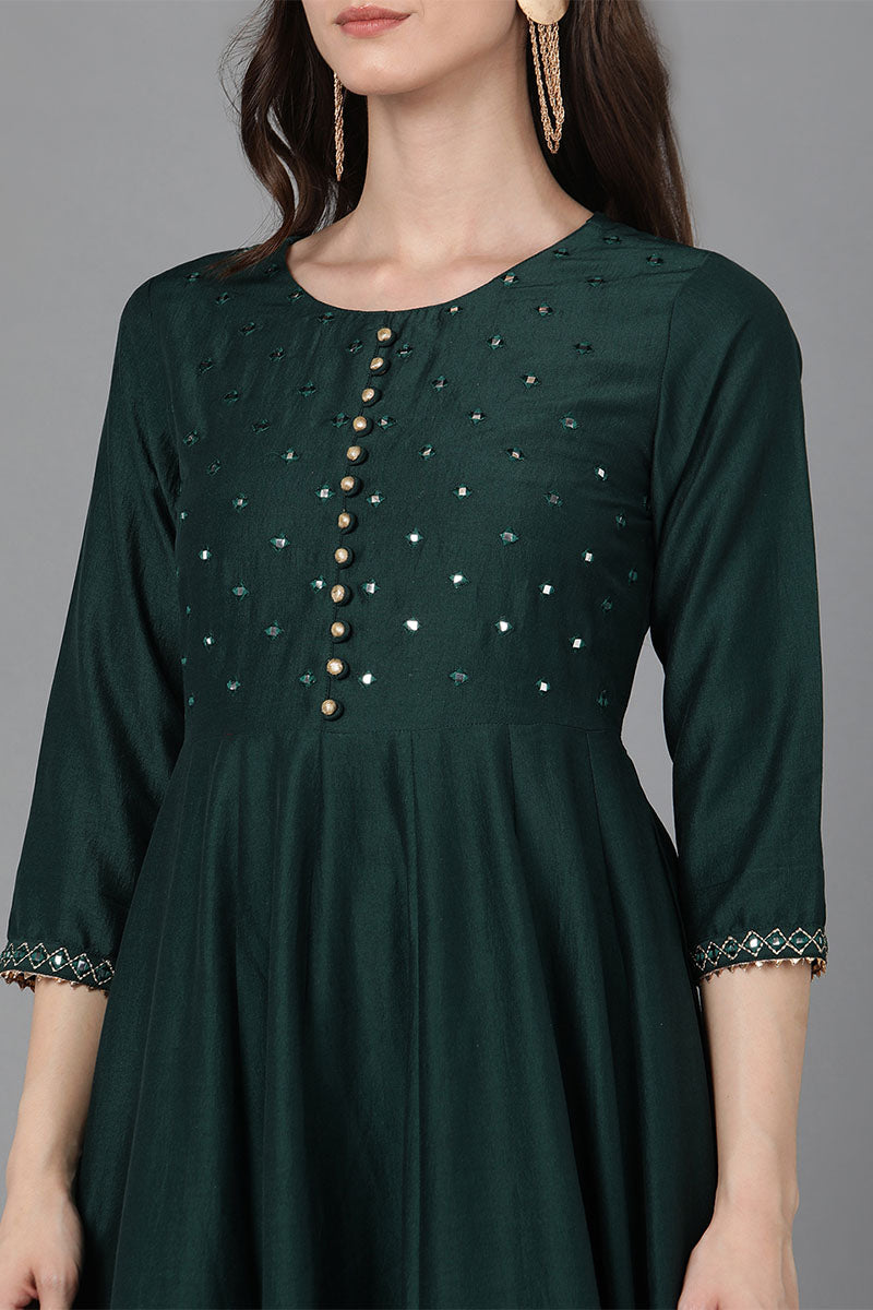  Women Green Poly Silk Ethnic Motifs Solid Kurta PKSKD1571