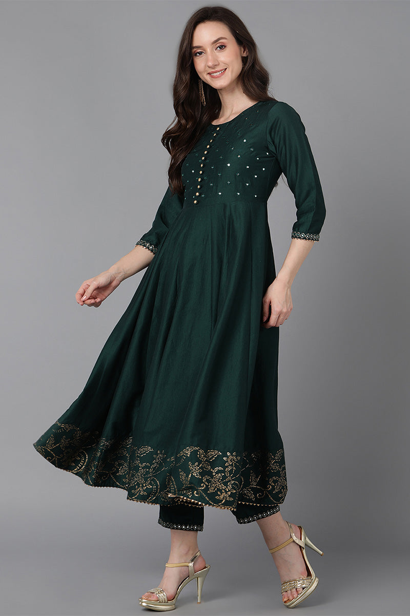  Women Green Poly Silk Ethnic Motifs Solid Kurta PKSKD1571
