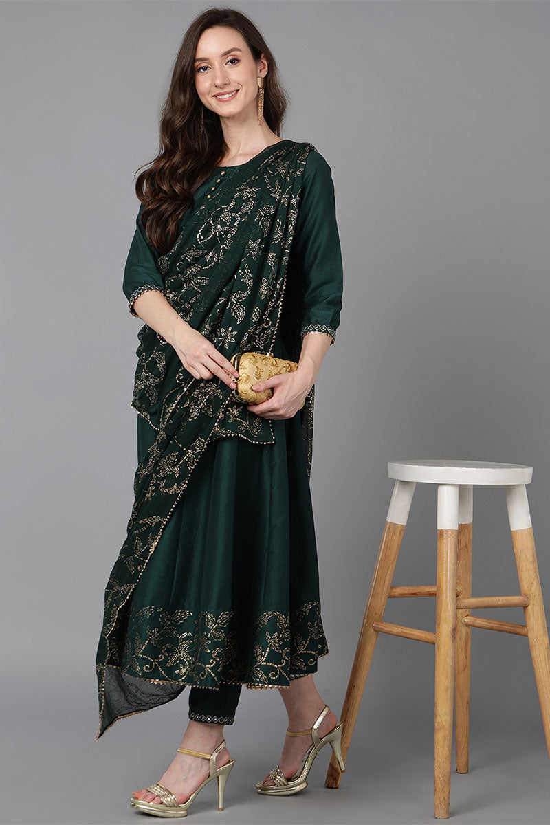  Women Green Poly Silk Ethnic Motifs Solid Kurta PKSKD1571