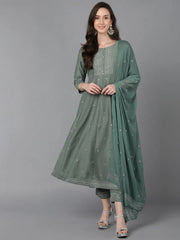 Women Teal Poly Silk Ethnic Motifs Solid Kurta Trousers With Dupatta