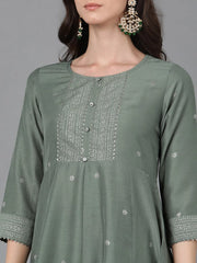 Women Teal Poly Silk Ethnic Motifs Solid Kurta Trousers With Dupatta