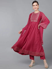 Women Rose Poly Silk Solid Yoke Design Kurta Trousers With Dupatta