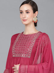 Women Rose Poly Silk Solid Yoke Design Kurta Trousers With Dupatta