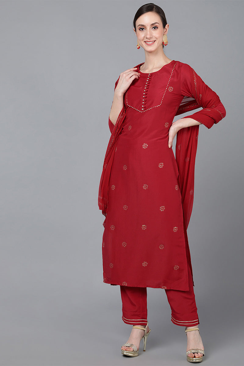 Red Poly Silk Straight Kurta Pant With Dupatta PKSKD1583 | DesiQlo
