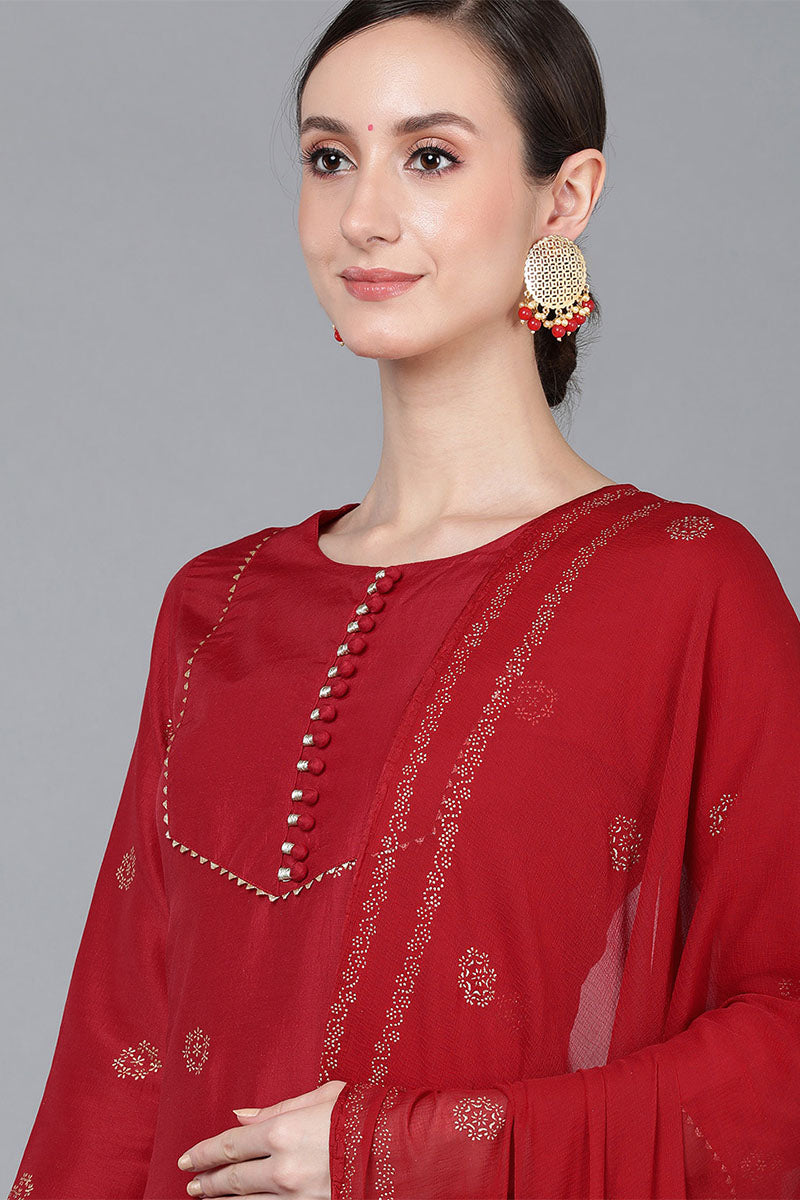 Red Poly Silk Straight Kurta Pant With Dupatta PKSKD1583 | DesiQlo