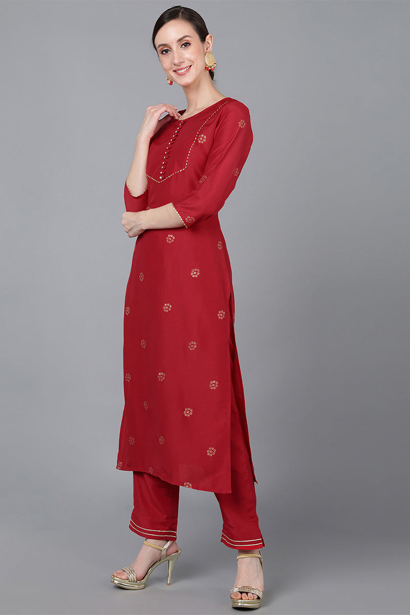 Red Poly Silk Straight Kurta Pant With Dupatta PKSKD1583 | DesiQlo