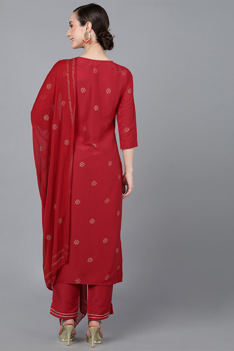 Red Poly Silk Straight Kurta Pant With Dupatta PKSKD1583 | DesiQlo