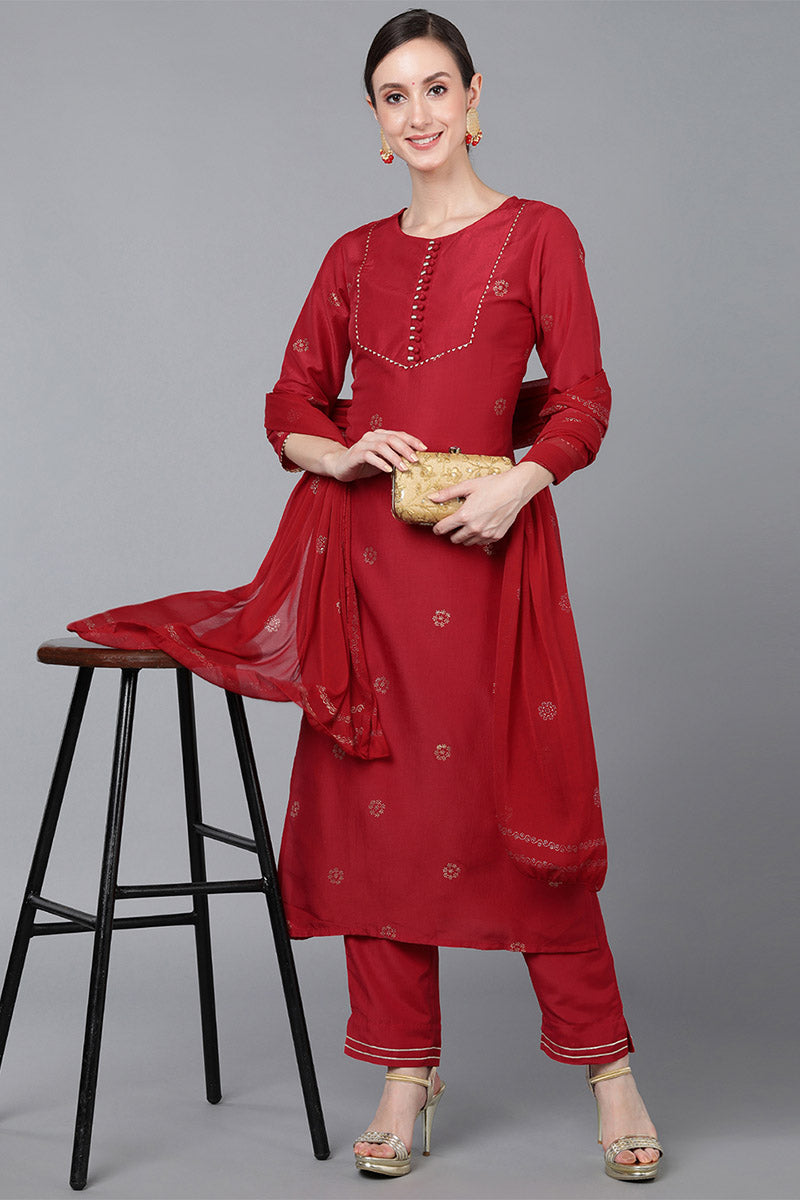 Red Poly Silk Straight Kurta Pant With Dupatta PKSKD1583 | DesiQlo