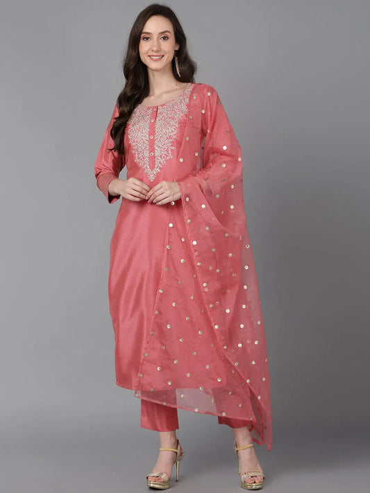 Women Pink Poly Silk Solid Yoke Design Kurta Trousers With Dupatta 1 1080