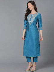 Women Blue Poly Silk Embroidered Straight Kurta Pant Set With Dupatta-PKSKD1588