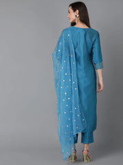 Women Blue Poly Silk Embroidered Straight Kurta Pant Set With Dupatta-PKSKD1588