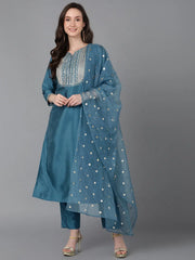 Women Blue Poly Silk Embroidered Straight Kurta Pant Set With Dupatta-PKSKD1590