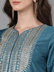Women Blue Poly Silk Embroidered Straight Kurta Pant Set With Dupatta-PKSKD1590