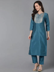 Women Blue Poly Silk Embroidered Straight Kurta Pant Set With Dupatta-PKSKD1590