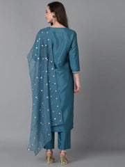 Women Blue Poly Silk Embroidered Straight Kurta Pant Set With Dupatta-PKSKD1590