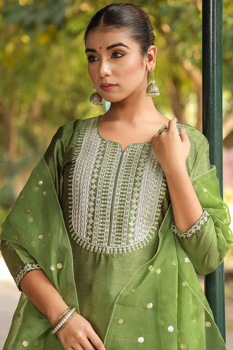 Green Poly Silk Solid Yoke Design Suit Set PKSKD1591 | DesiQlo