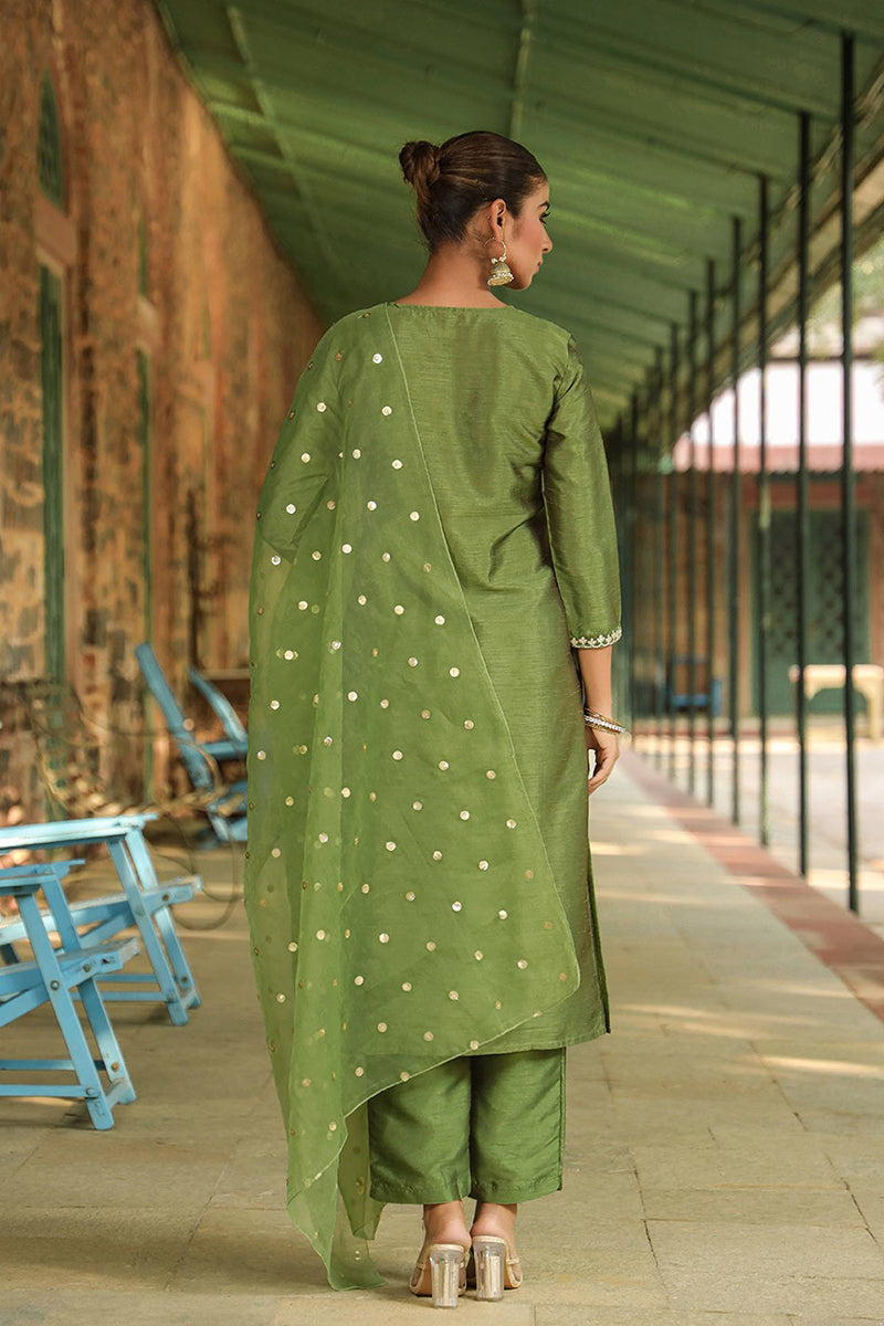 Green Poly Silk Solid Yoke Design Suit Set PKSKD1591 | DesiQlo