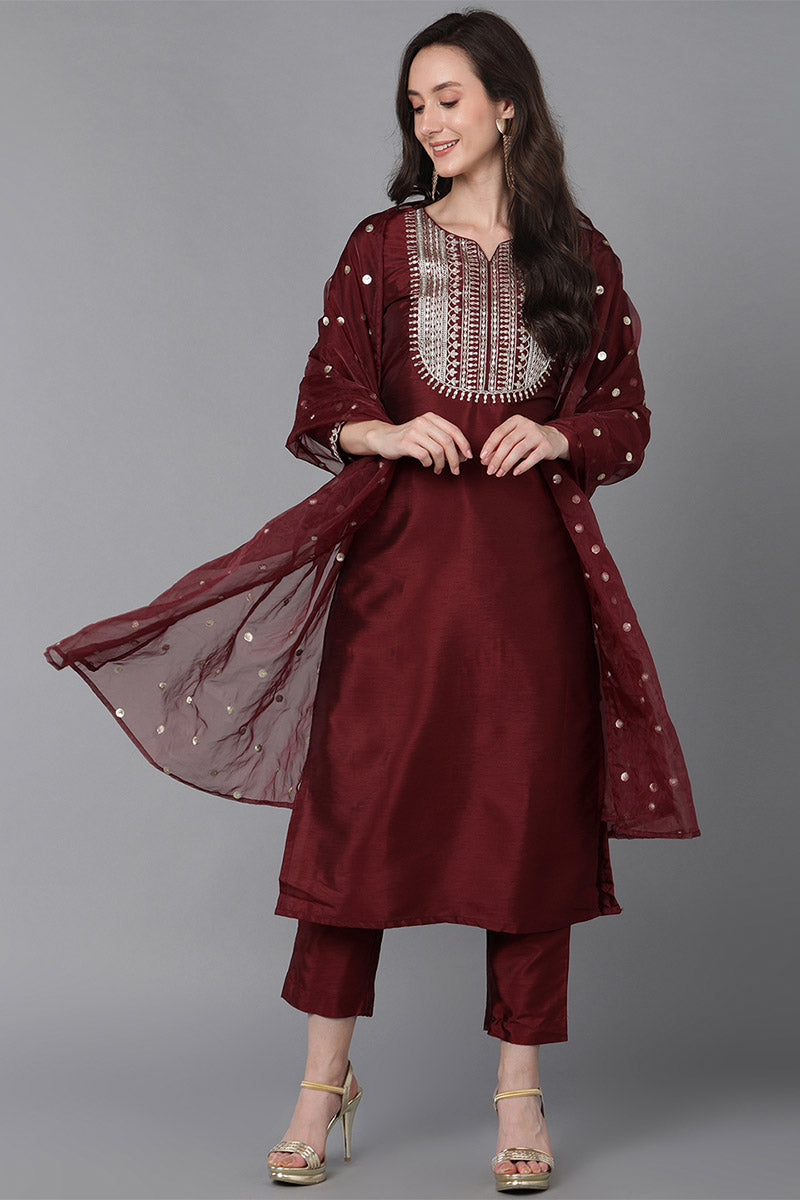  Women Maroon Poly Silk Solid Yoke Design Kurta PKSKD1593