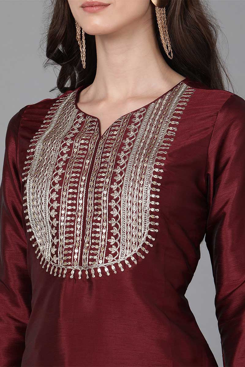  Women Maroon Poly Silk Solid Yoke Design Kurta PKSKD1593