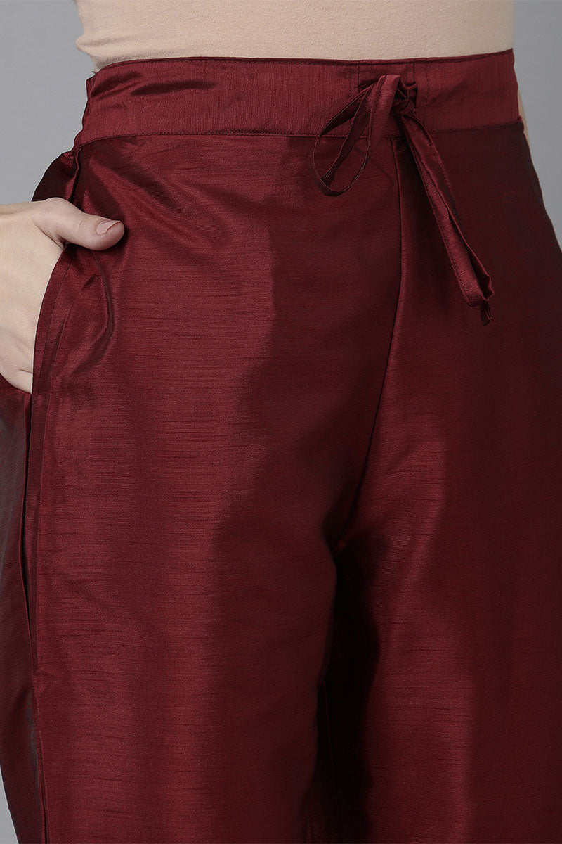  Women Maroon Poly Silk Solid Yoke Design Kurta PKSKD1593