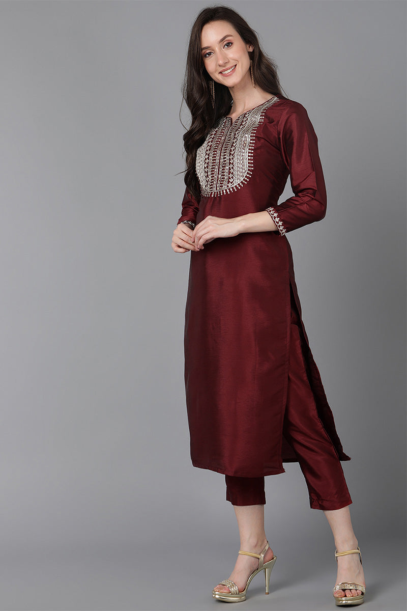  Women Maroon Poly Silk Solid Yoke Design Kurta PKSKD1593