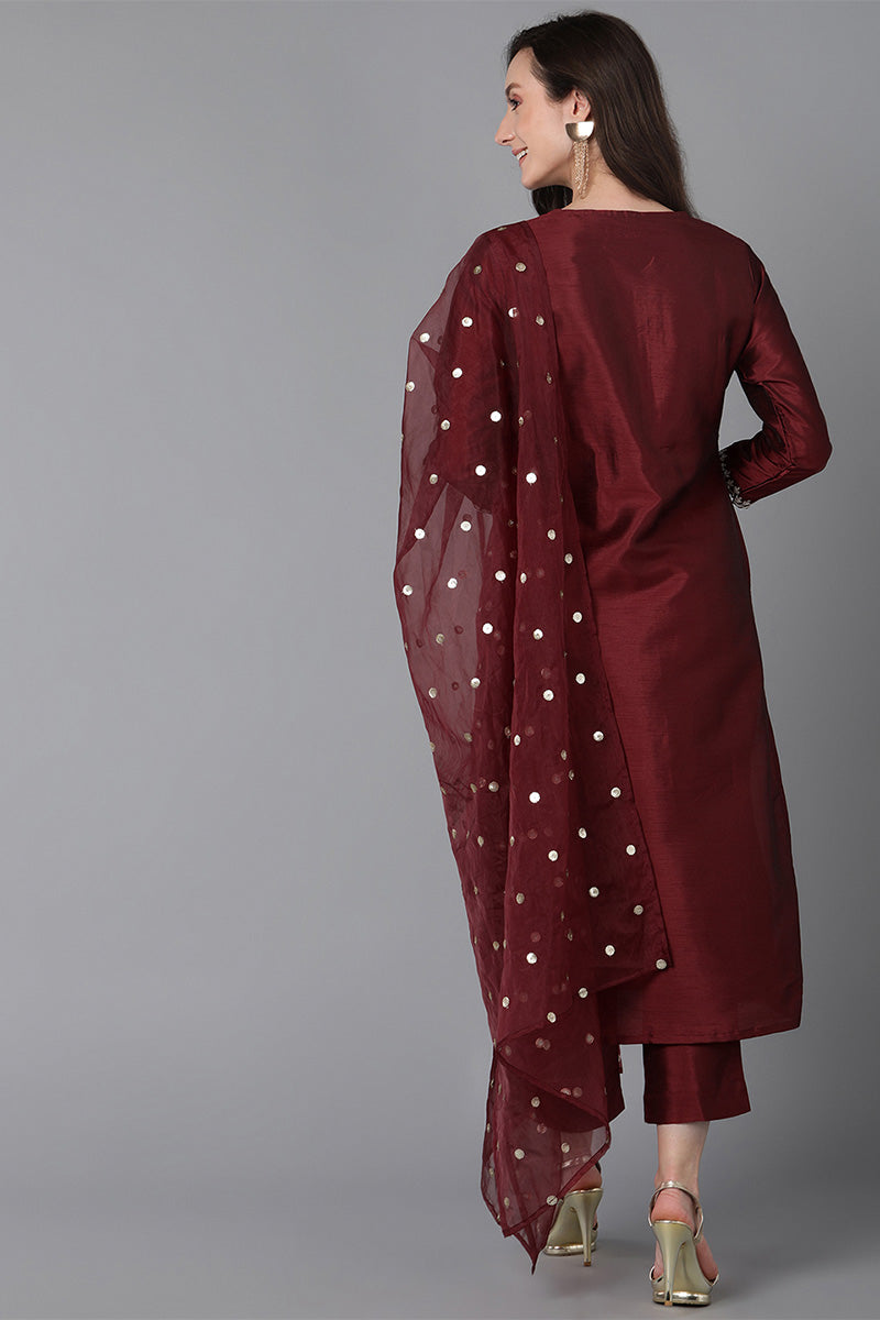  Women Maroon Poly Silk Solid Yoke Design Kurta PKSKD1593