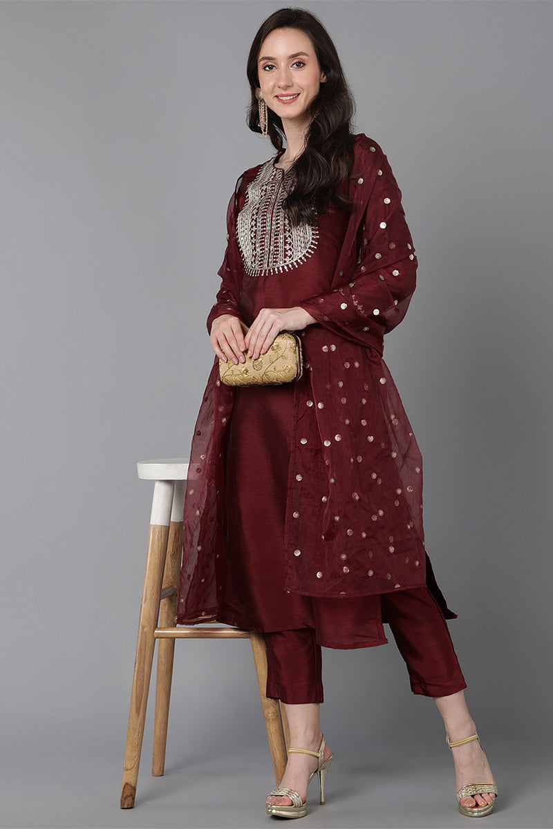  Women Maroon Poly Silk Solid Yoke Design Kurta PKSKD1593