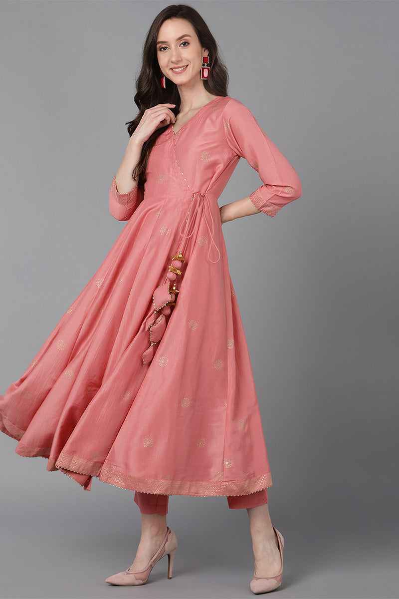  Women Pink Poly Silk Solid Solid Kurta Trousers PKSKD1594