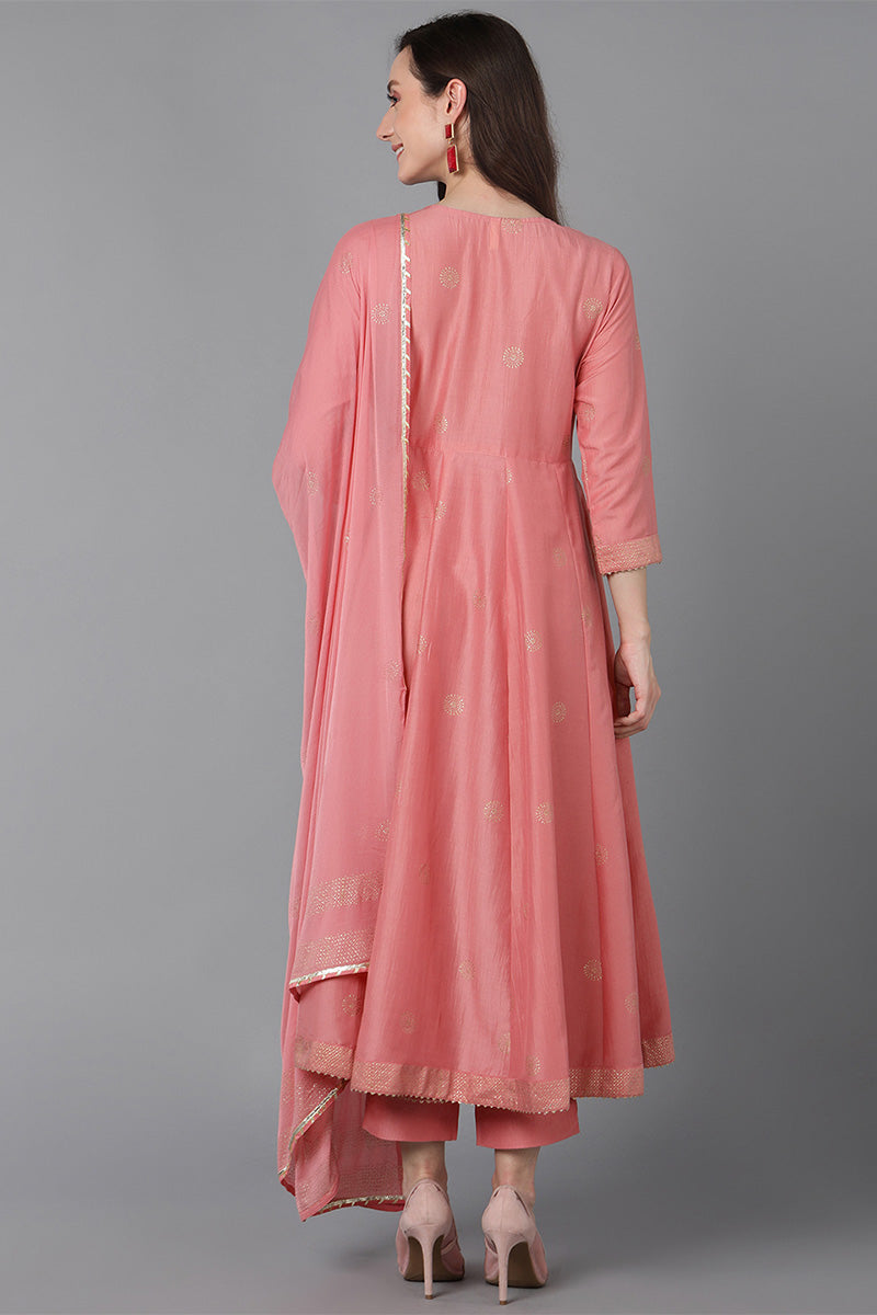  Women Pink Poly Silk Solid Solid Kurta Trousers PKSKD1594