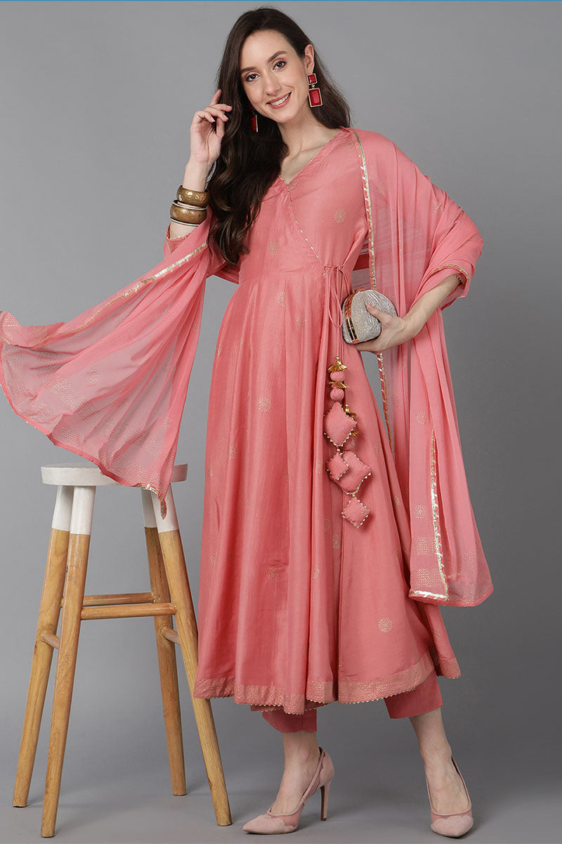  Women Pink Poly Silk Solid Solid Kurta Trousers PKSKD1594