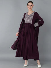 Women Burgundy Poly Georgette Yoke Design Kurta Trousers With Dupatta