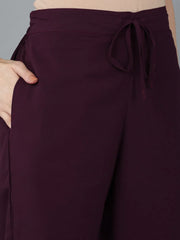 Women Burgundy Poly Georgette Yoke Design Kurta Trousers With Dupatta
