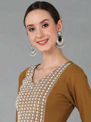Women Mustard Poly Georgette Yoke Design Kurta Trousers With Dupatta