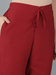Women Red Poly Georgette Yoke Design Kurta Trousers With Dupatta