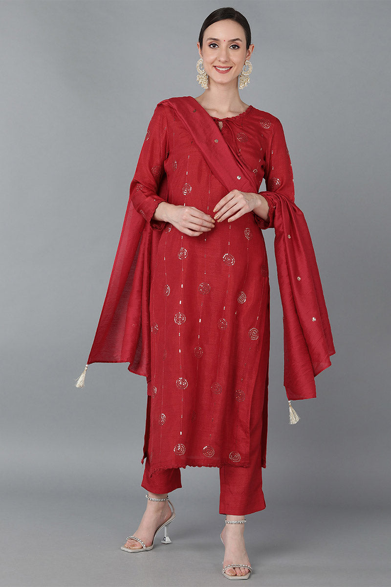 Red Silk Blend Solid Kurta Trousers With Dupatta PKSKD1614 | DesiQlo