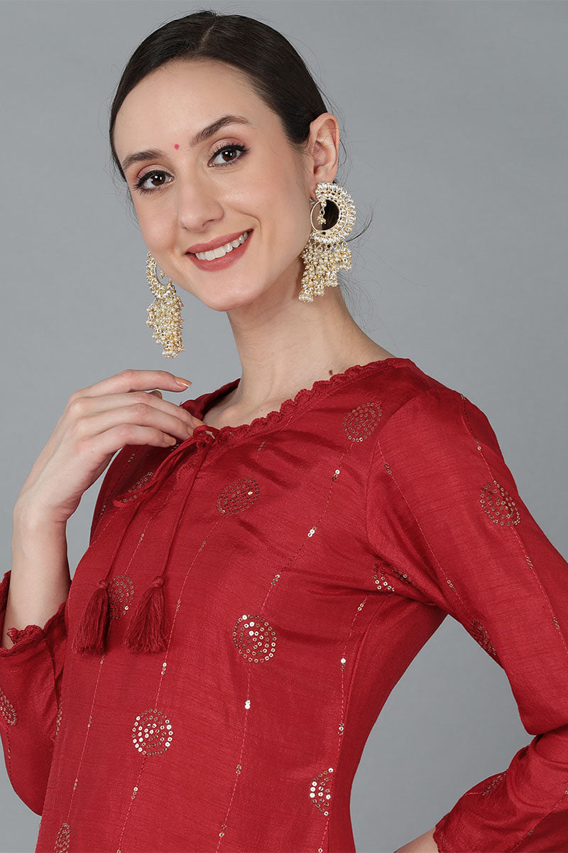Red Silk Blend Solid Kurta Trousers With Dupatta PKSKD1614 | DesiQlo