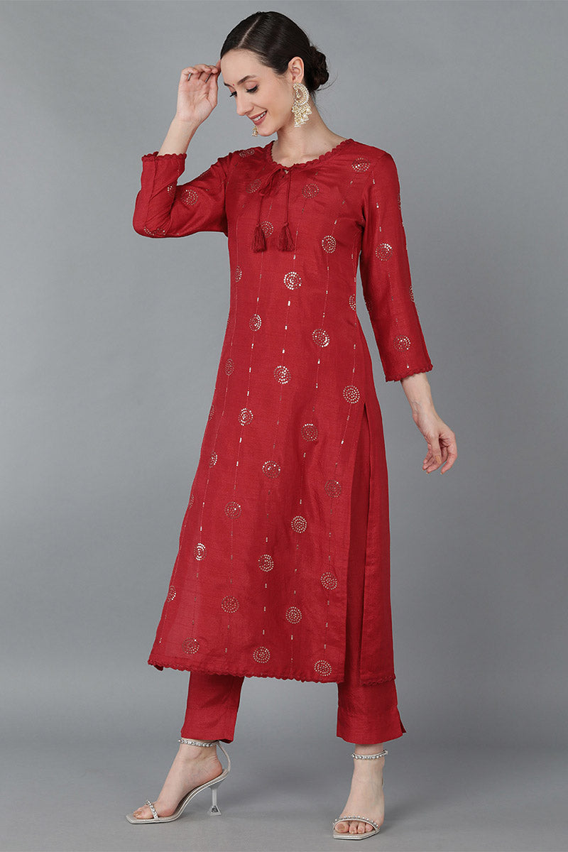 Red Silk Blend Solid Kurta Trousers With Dupatta PKSKD1614 | DesiQlo
